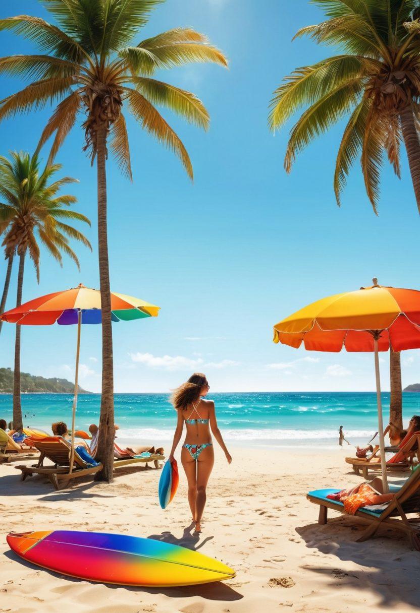 A vibrant beach scene filled with diverse individuals showcasing an array of stylish bikinis in bright summer colors. Include a crystal clear ocean in the background, surfboards leaning against palm trees, and colorful beach umbrellas scattered around. Capture the essence of summer fun and fashion, with sun-soaked skin and playful beach vibes. bright colors. 3D. hyper-realistic.