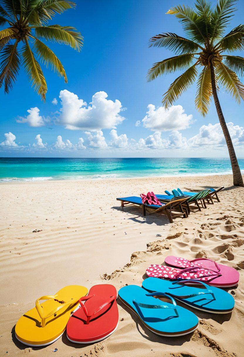 A vibrant summer scene showcasing a selection of eye-catching bikinis displayed elegantly on a sandy beach, with crystal-clear ocean waves crashing in the background. Include a sunny sky, beach accessories like sunglasses and flip-flops, and a hint of a luxurious resort in the distance. Capture the essence of fun, adventure, and relaxation. colorful, bright, summery vibe. super-realistic.